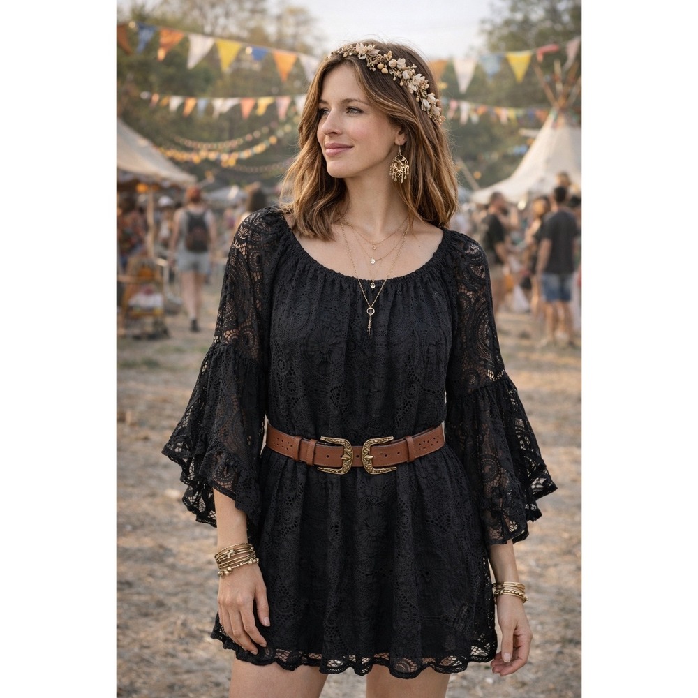 Lildy Full Lace Tunic Black Floral Bell Sleeve Off Shoulder Boho Top NWT L-XL - Picture 3 of 8